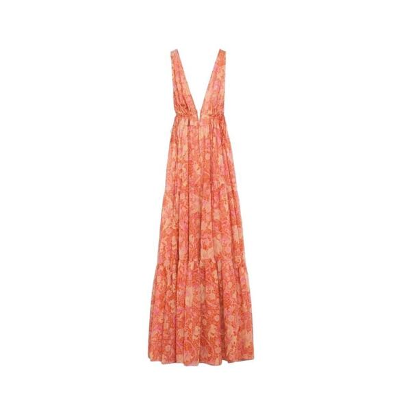 Chufy x Mango Women's Orange Floral Print Sleeveless V-Neck Maxi Dress Size S - Picture 1 of 7